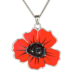 Red poppy necklace on a silver chain