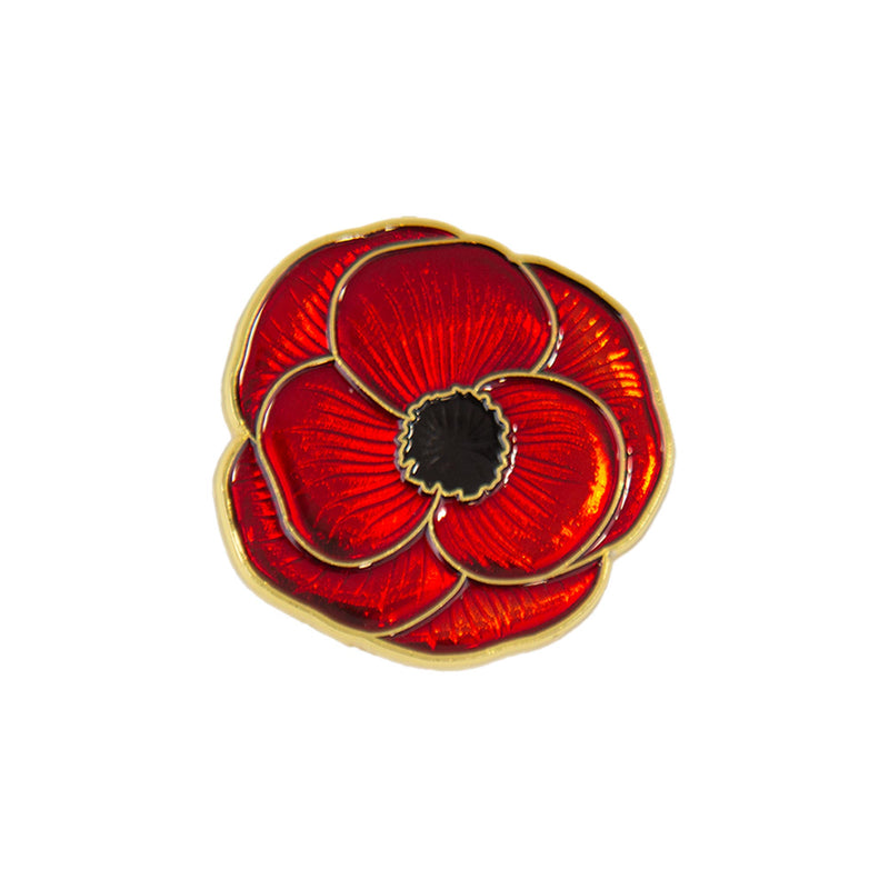 Shiny red poppy bin badge with gold metallic detail