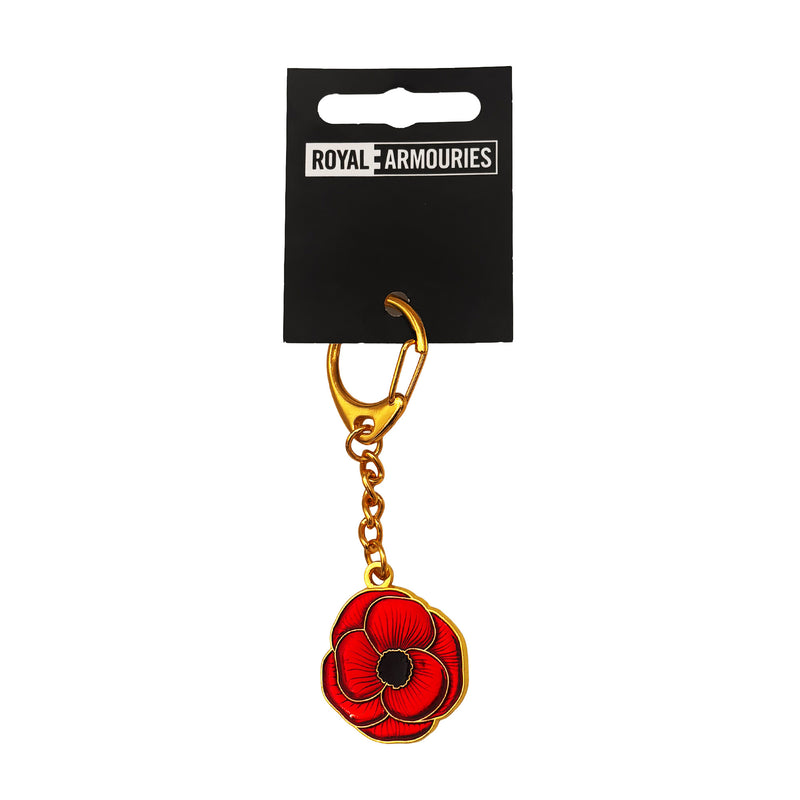 Red poppy keychain with gold clasp on a black card with 'Royal Armouries' branding.
