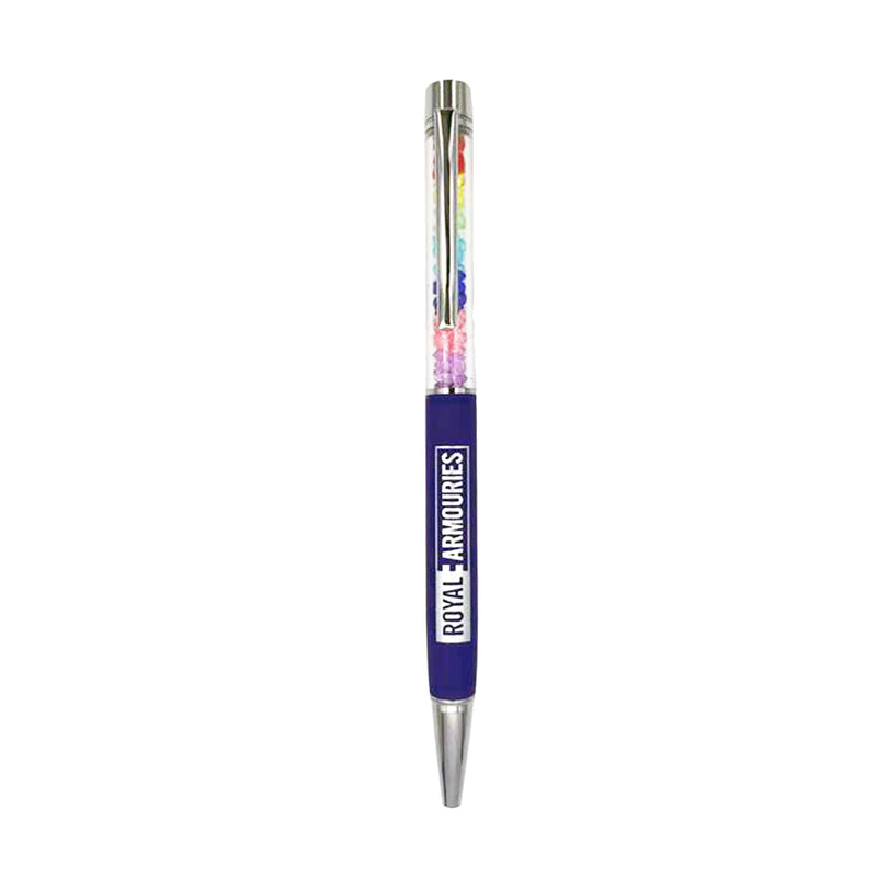 purple pen with royal armouries logo and multi-coloured beads design
