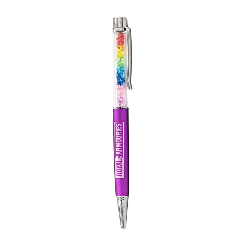 purple pen with royal armouries logo and multi-coloured beads design