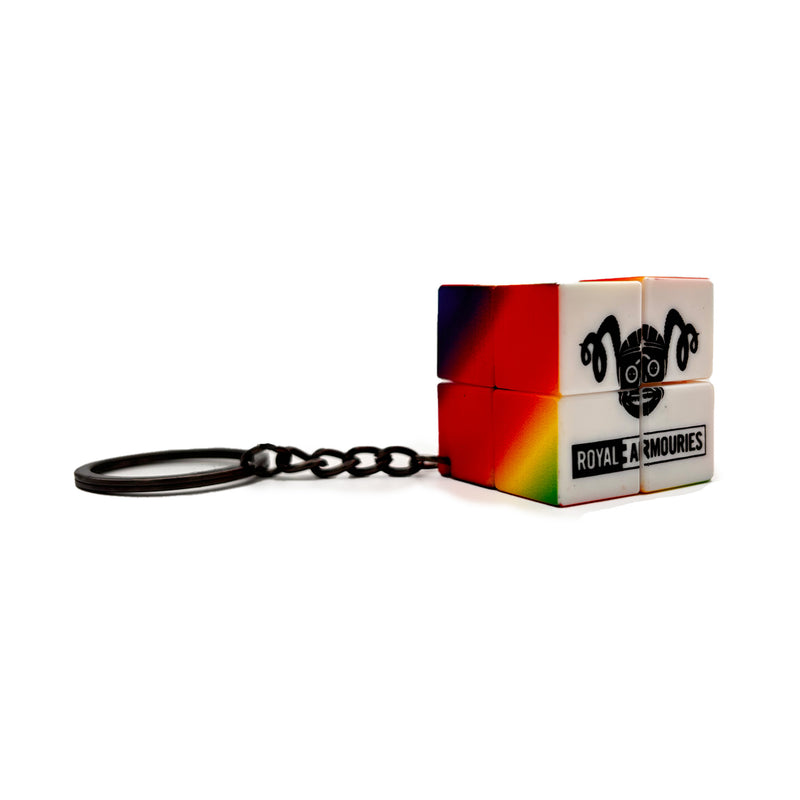 Colorful cube keychain with a black logo on a white background