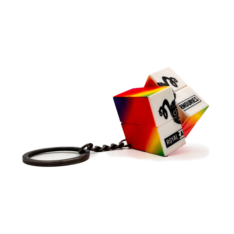 Colorful keychain with a cube design on a white background