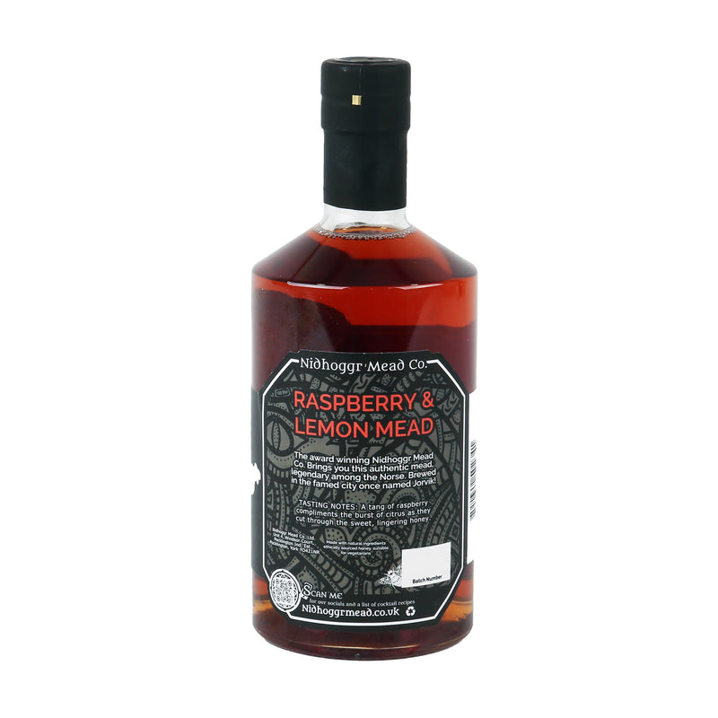 raspberry and lemon mead bottle from the back on a white background