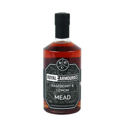 raspberry and lemon mead bottle from the front on a white background