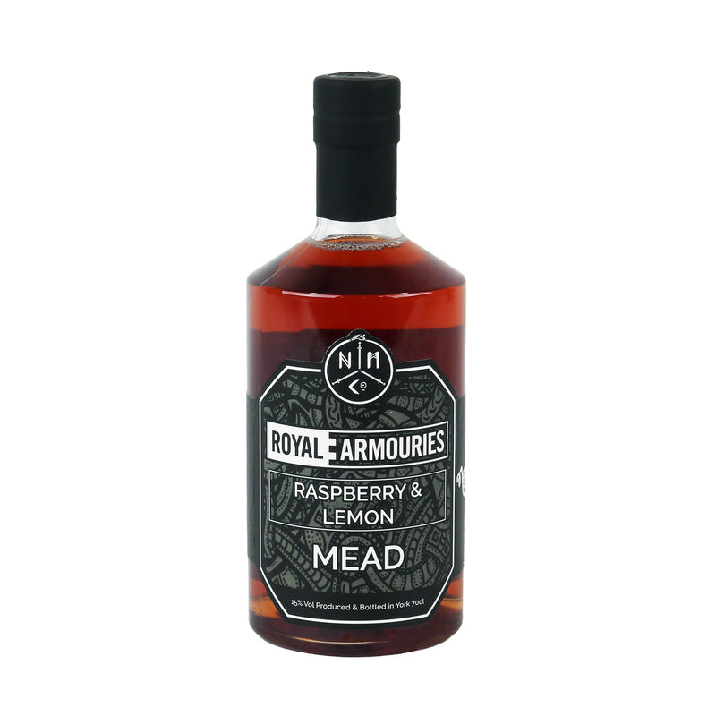 raspberry and lemon mead bottle from the front on a white background