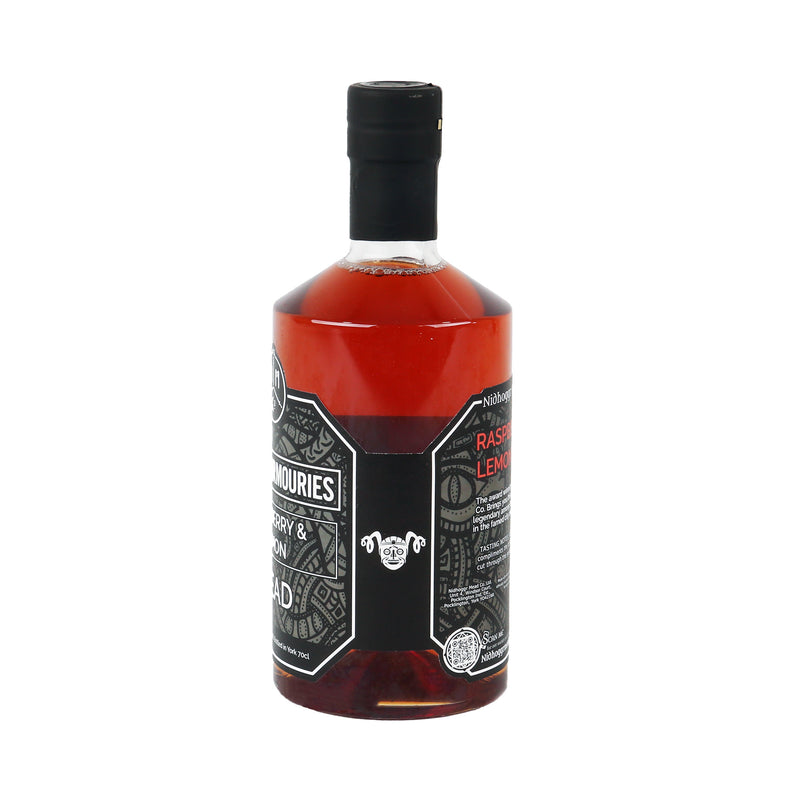 raspberry and lemon mead bottle from the left on a white background