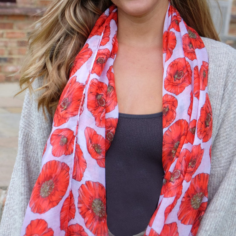 white poppy scarf worn on model 