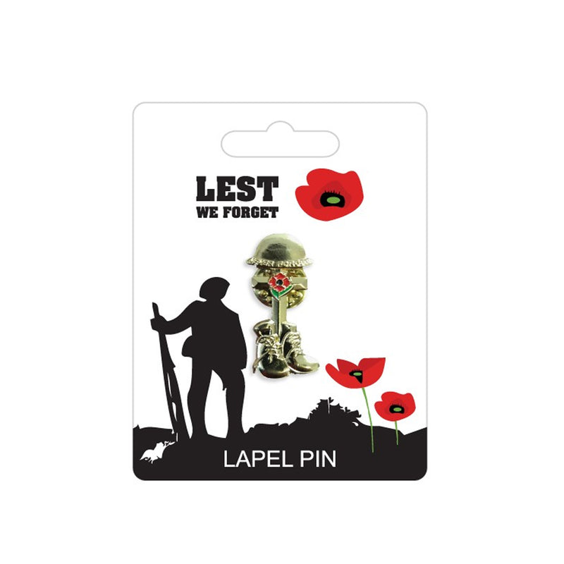 boots helmet and cross poppy lapel pin
