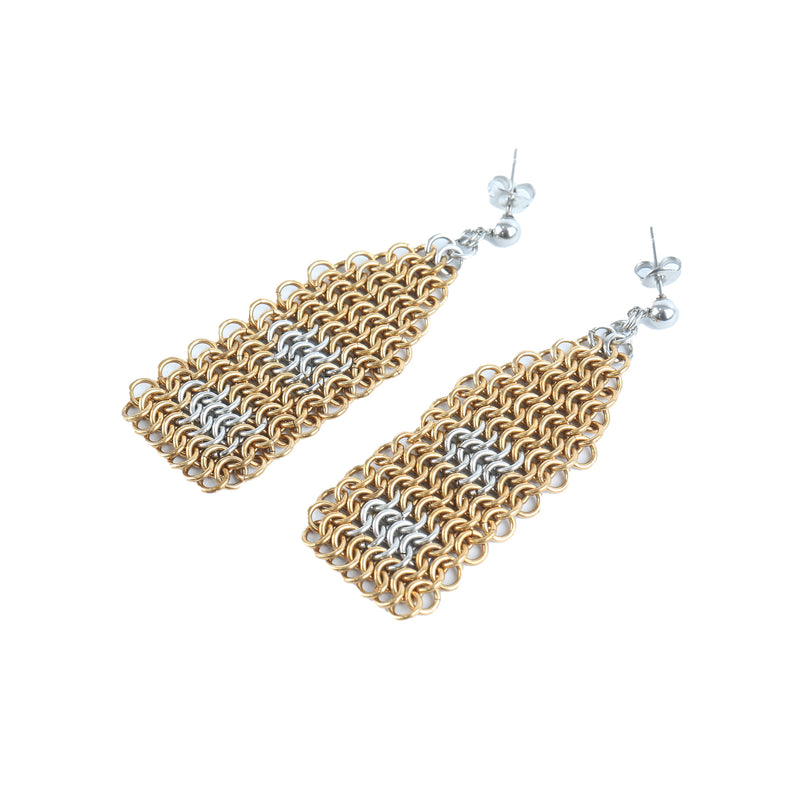 Pair of chainmaille earrings with gold and silver colors on a white background