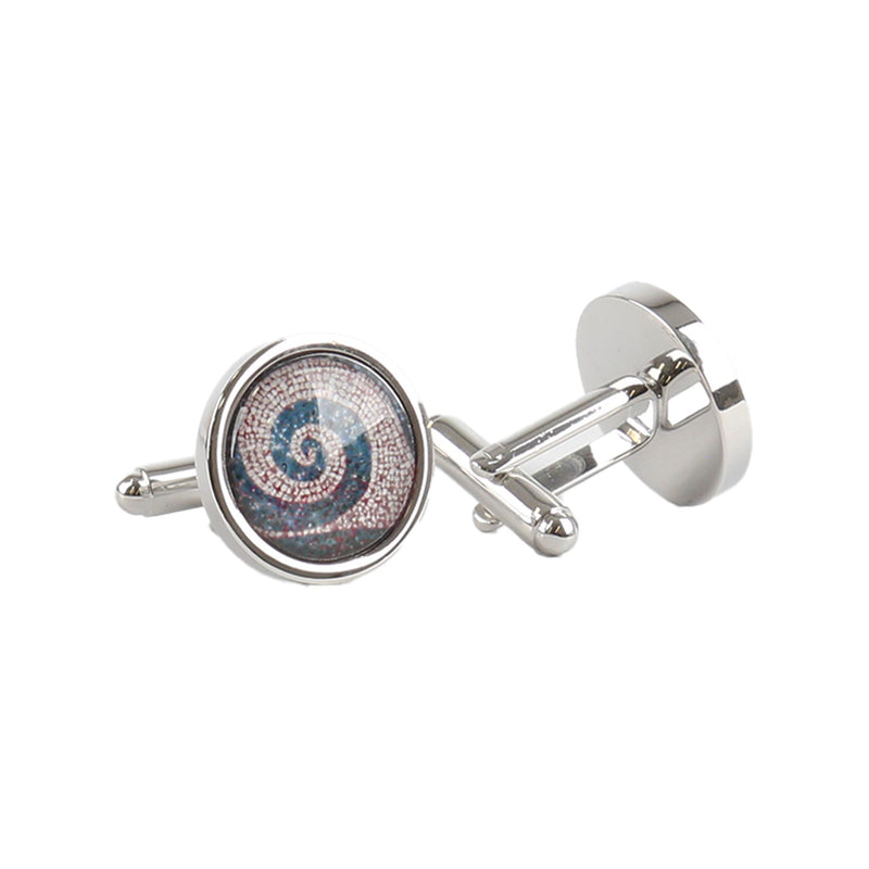 roman mosaic spiral cufflinks by themselves out of the box on white background
