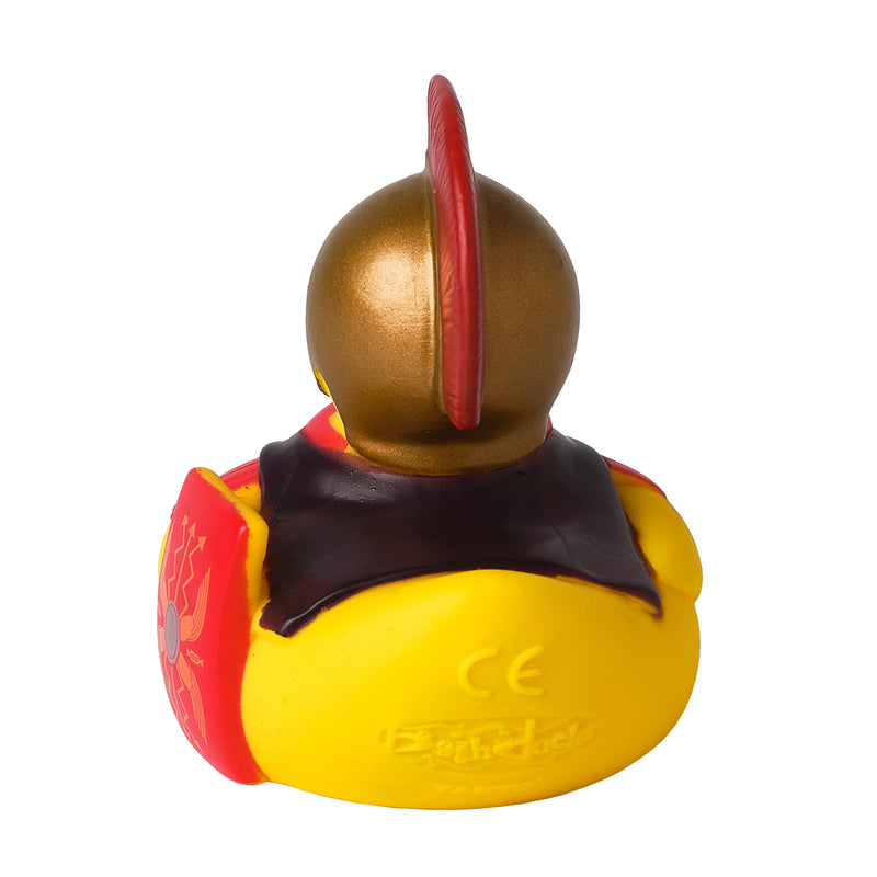 Yellow Rubber duck dressed like a roman soldier back