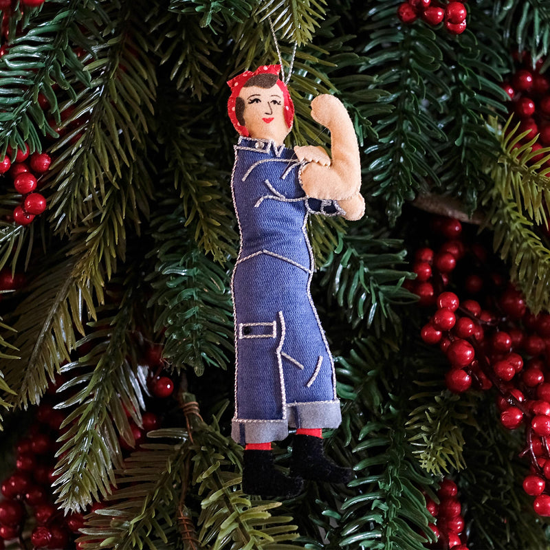 rosie the riveter hanging decoration on christmas tree