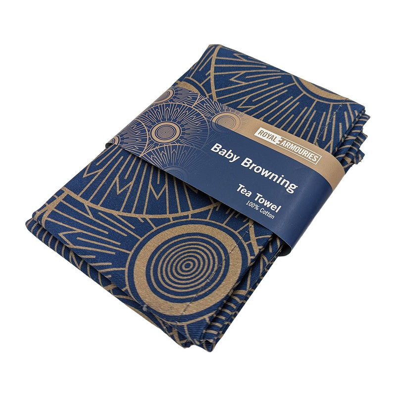 Folded tea towel with geometric pattern and 'Royal Armories' branding on a white background