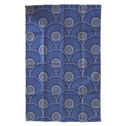 Blue patterned tea towel with circular art-deco designs on a white background