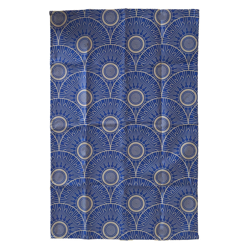 Blue patterned tea towel with circular art-deco designs on a white background