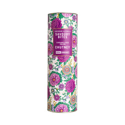 Indian dagger collection cheddar and chilli savoury bites and small jar of caramelised onion chutney in floral tube with gold metal lid