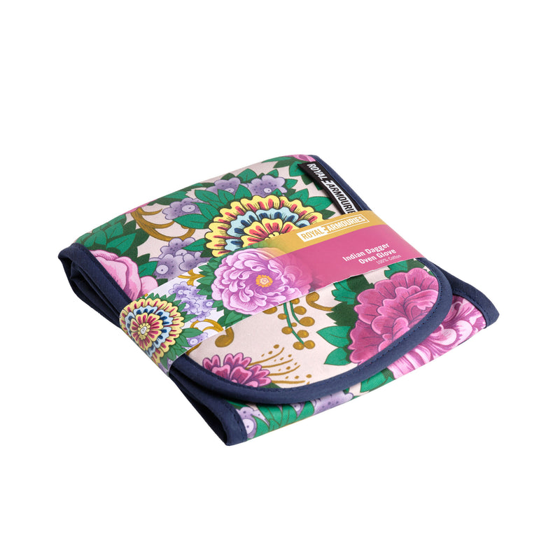 Indian dagger collection floral oven gloves in packing angled view