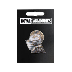 Elizabethan Light Field Armour Helmet Pin Badge on royal armouries backing board packaging