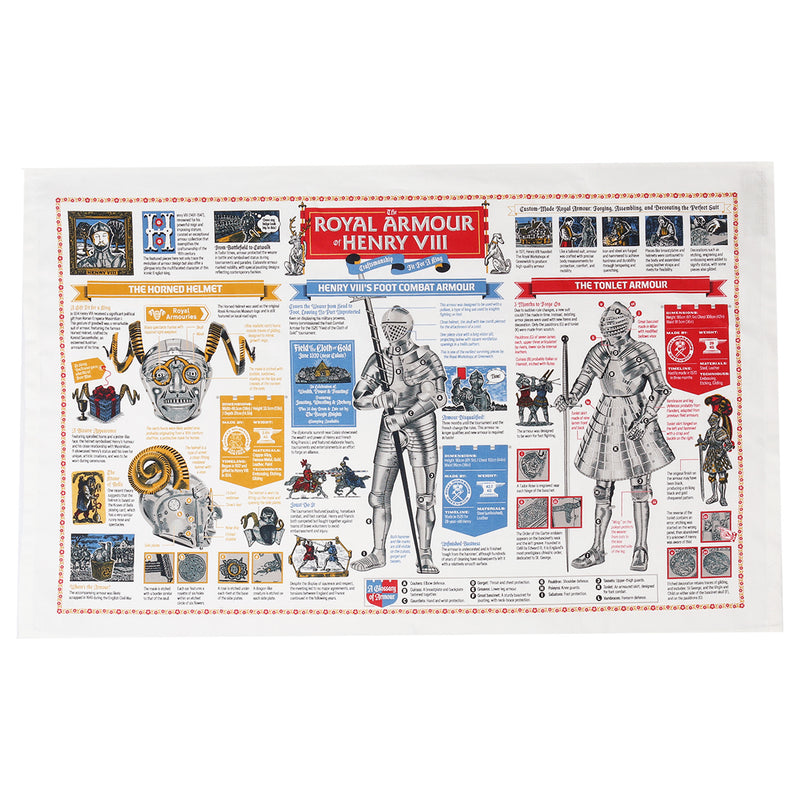Tea towel with illustrations of royal armour from Henry VIII on a white background