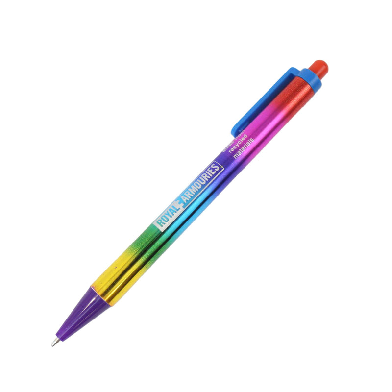 ECO rainbow pen with royal armouries logo with text 'made from recycled materials'