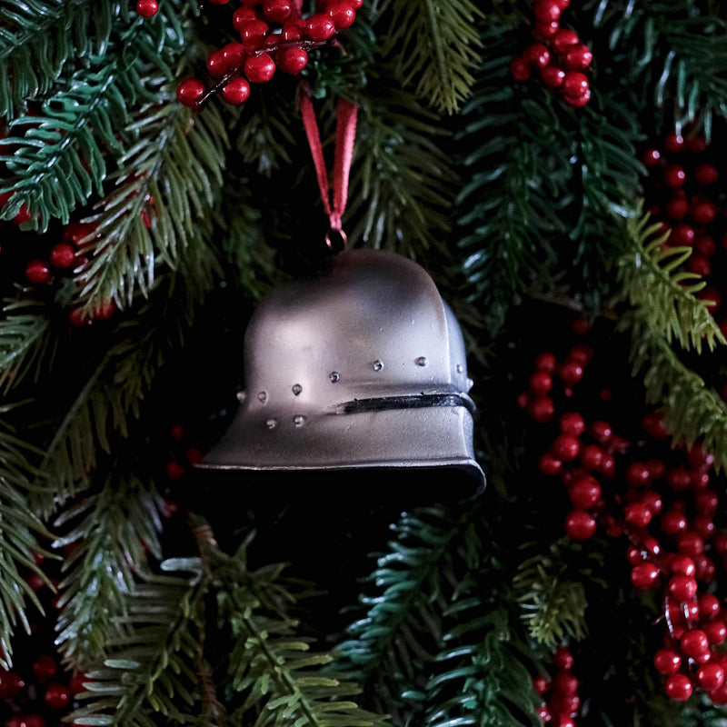 Hanging silver sallet decoration right side view on christmas tree