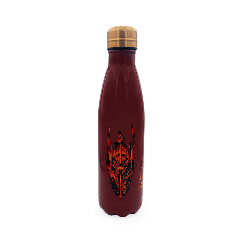 Red water bottle with gold cap featuring an illustration of sauron on a white background