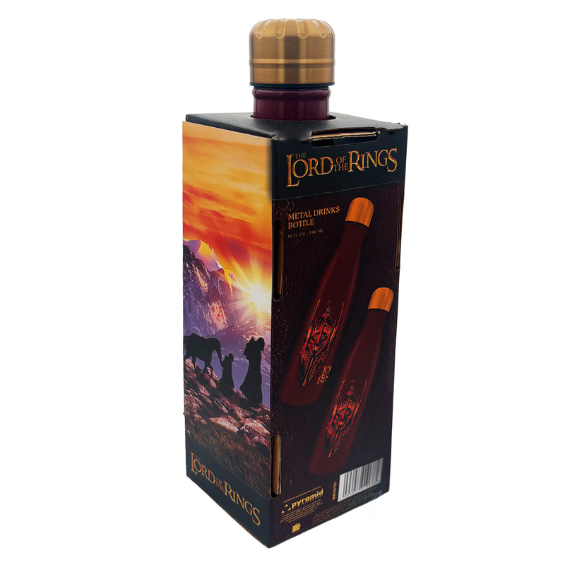 Metal drinks bottle packaging for 'The Lord of the Rings' series on a white background