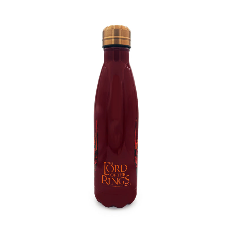Red water bottle with gold cap featuring 'The Lord of the Rings' logo on a white background