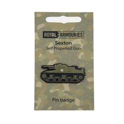 sexton pin badge on camo royal armouries branded backing card