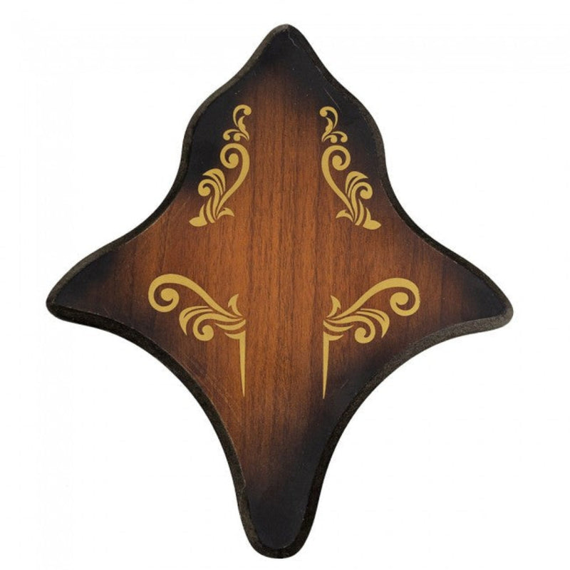 Wooden plaque with gold decorative patterns on a white background