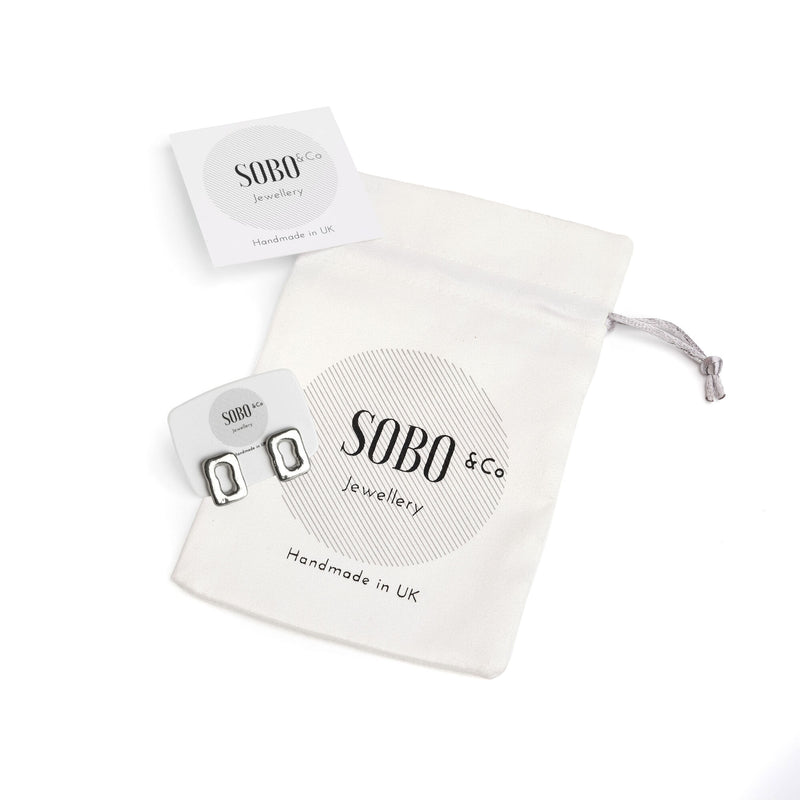 rectangular ring feature silver stud earrings with sobo dustbag