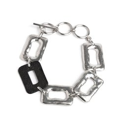 ring feature linked bracelet with black leather