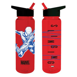 front and back of red water bottle with Spider-Man design and Marvel branding on a white background
