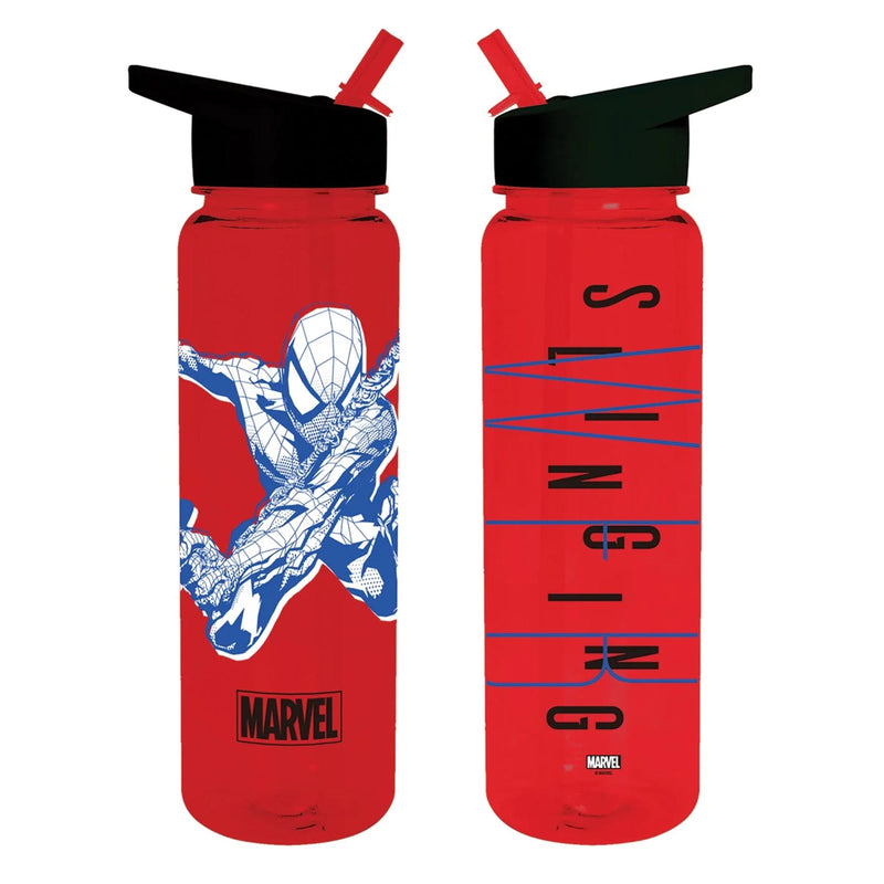 front and back of red water bottle with Spider-Man design and Marvel branding on a white background