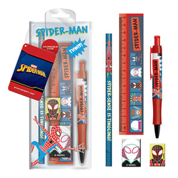 Spider-Man themed stationery set including pen, ruler, and notepad on a white background