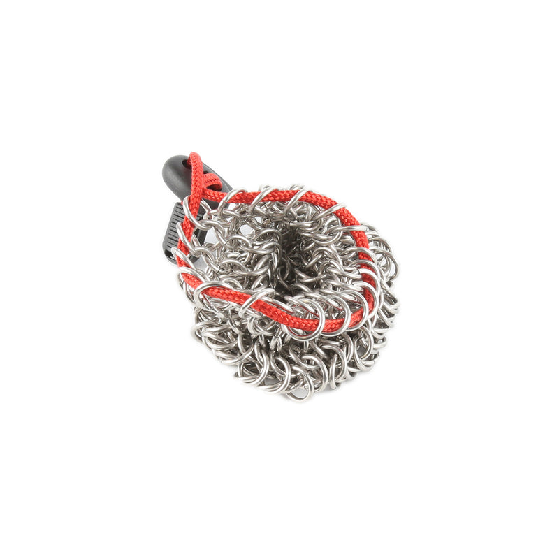 chainmail dice bag with red code and black lock fastening on white background