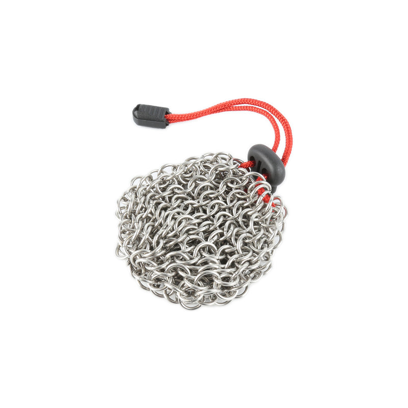 chainmail dice bag with red code and black lock fastening on white background