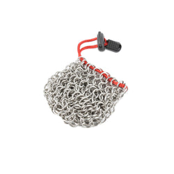 chainmail dice bag with red code and black lock fastening on white background