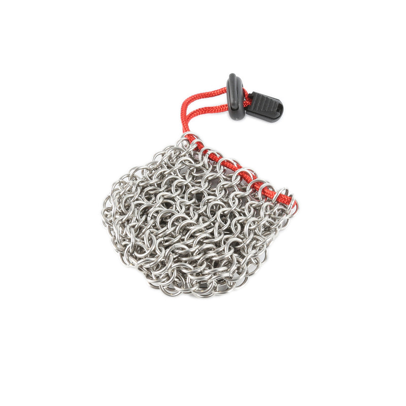 chainmail dice bag with red code and black lock fastening on white background
