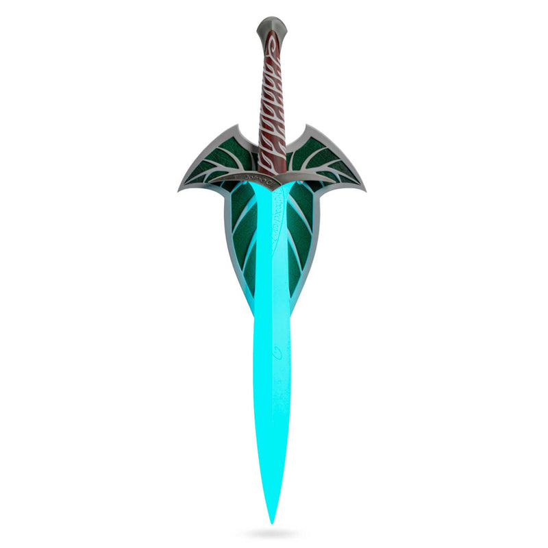 Decorative sword with a green blade and brown handle on a white background