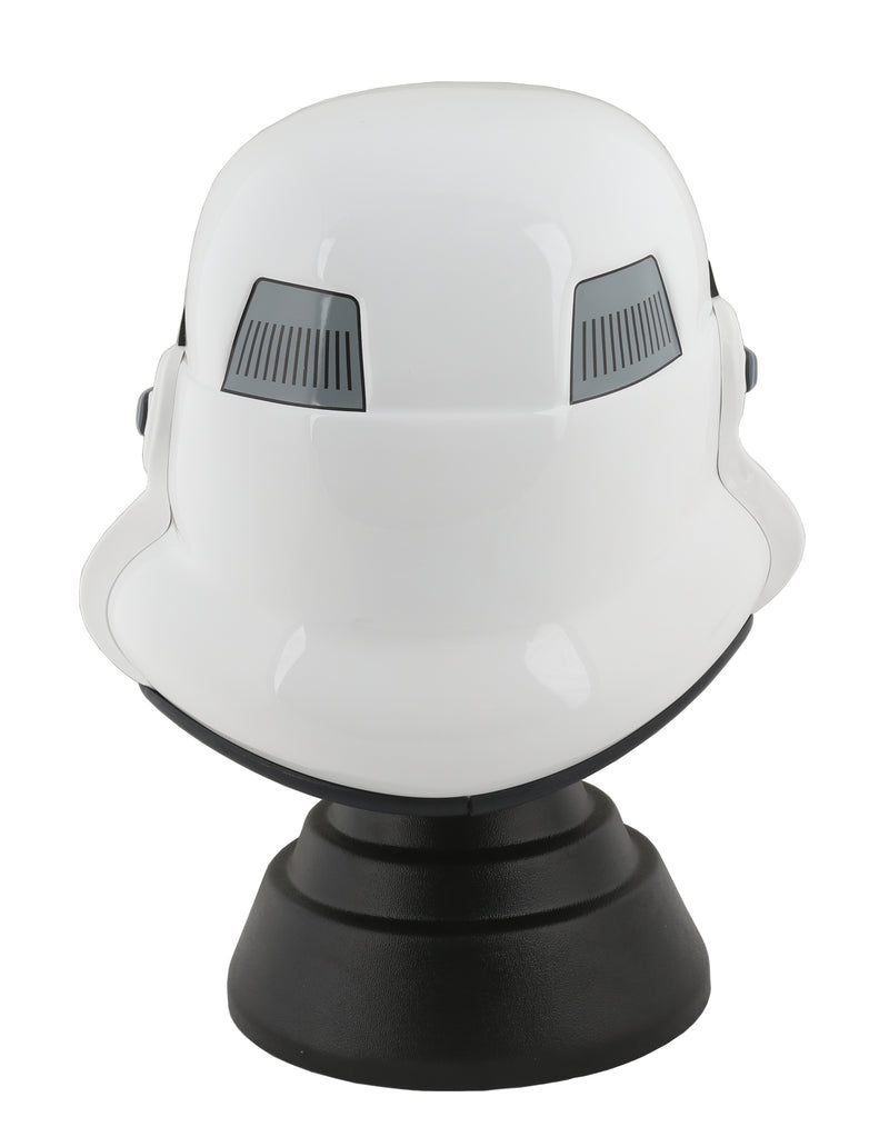 Stormtrooper helmet on black display stand with silver plaque back view