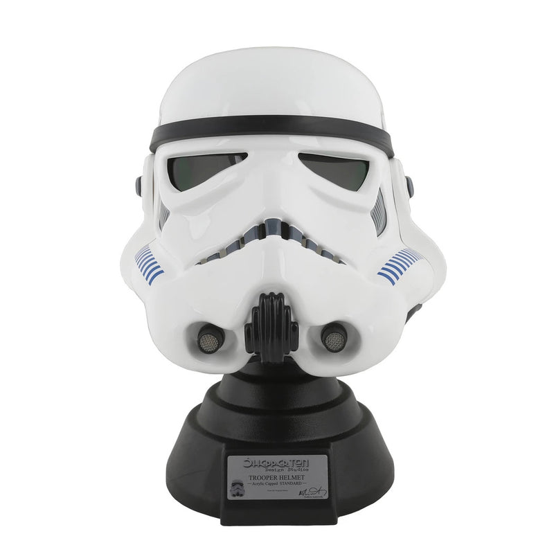 Stormtrooper helmet on black display stand with silver plaque front view