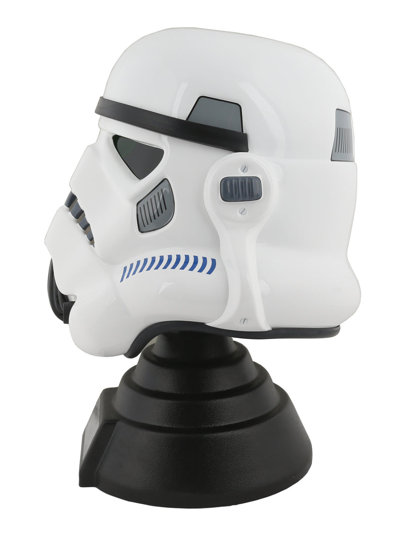 Stormtrooper helmet on black display stand with silver plaque left side profile