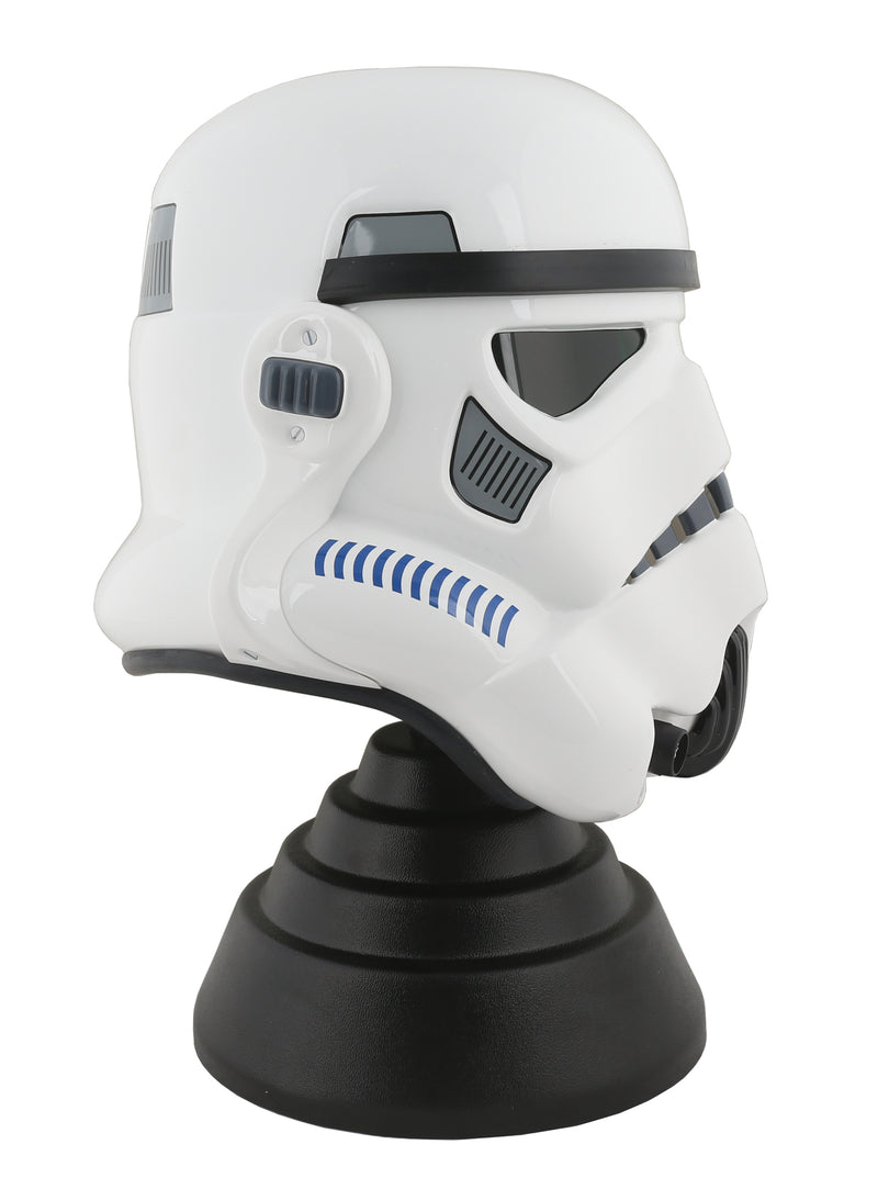 Stormtrooper helmet on black display stand with silver plaque right side profile