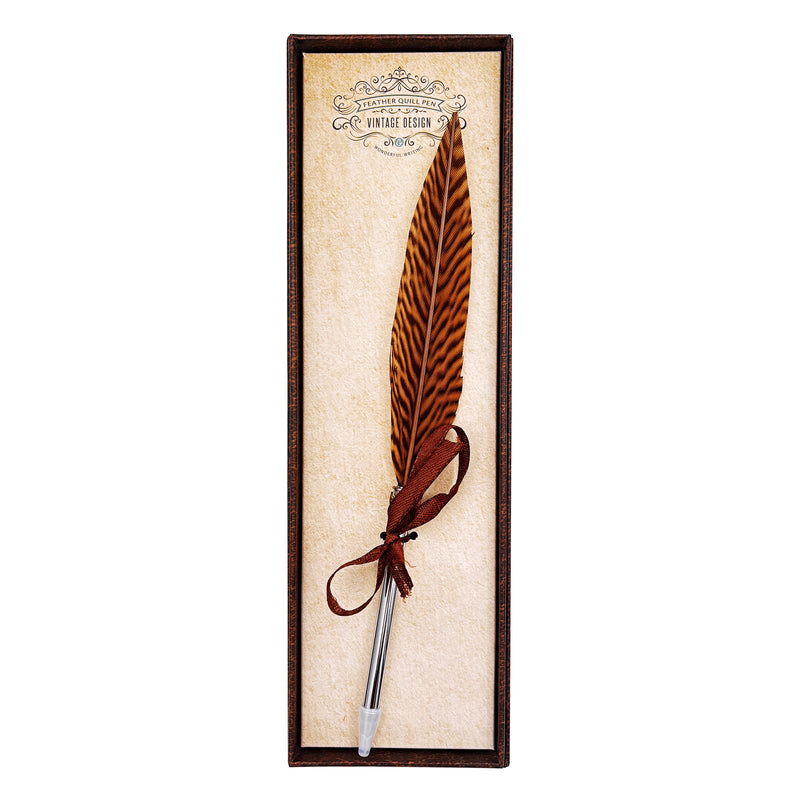 striped feather ballpoint pen in presentation box on white background