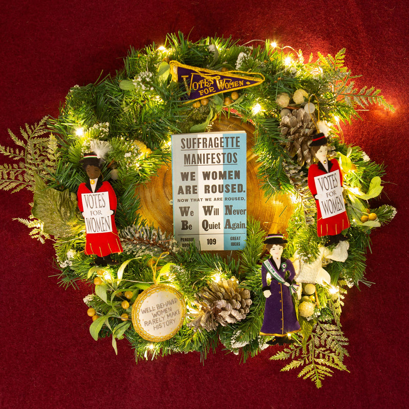 Suffragette manifestos book and hanging decoration bundle on Christmas wreath