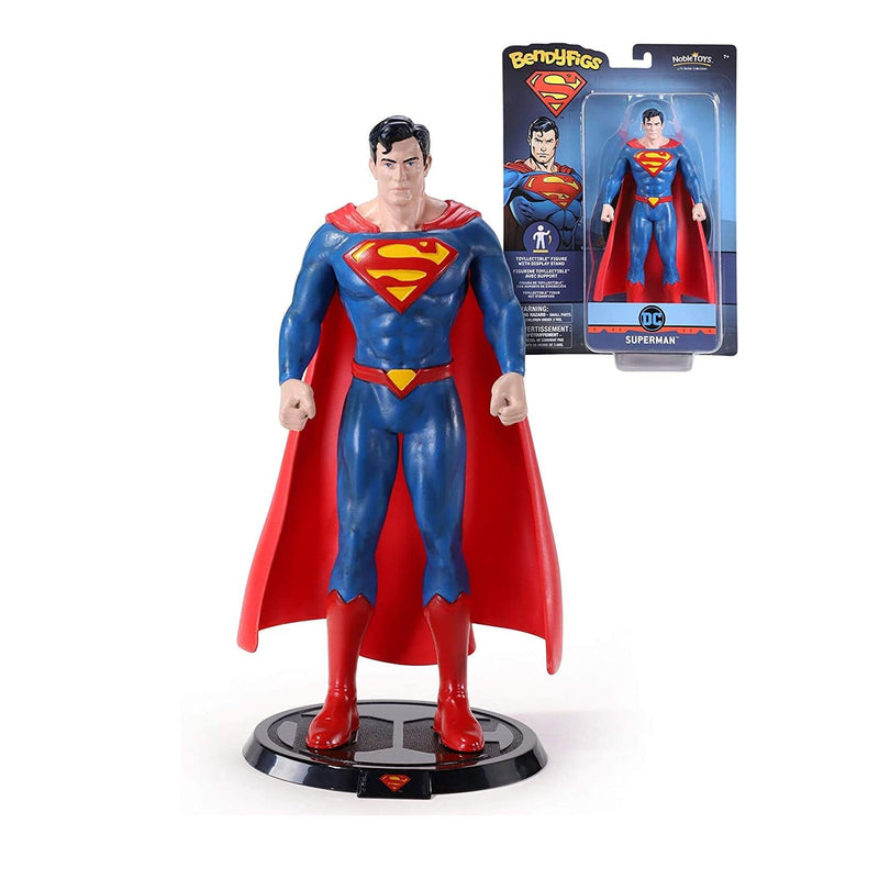 superman bendy fig next to branded packaging