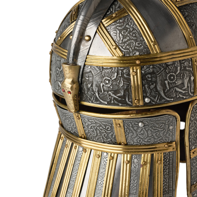 Sutton Hoo Helmet on wooden display stand close up back right side head detail