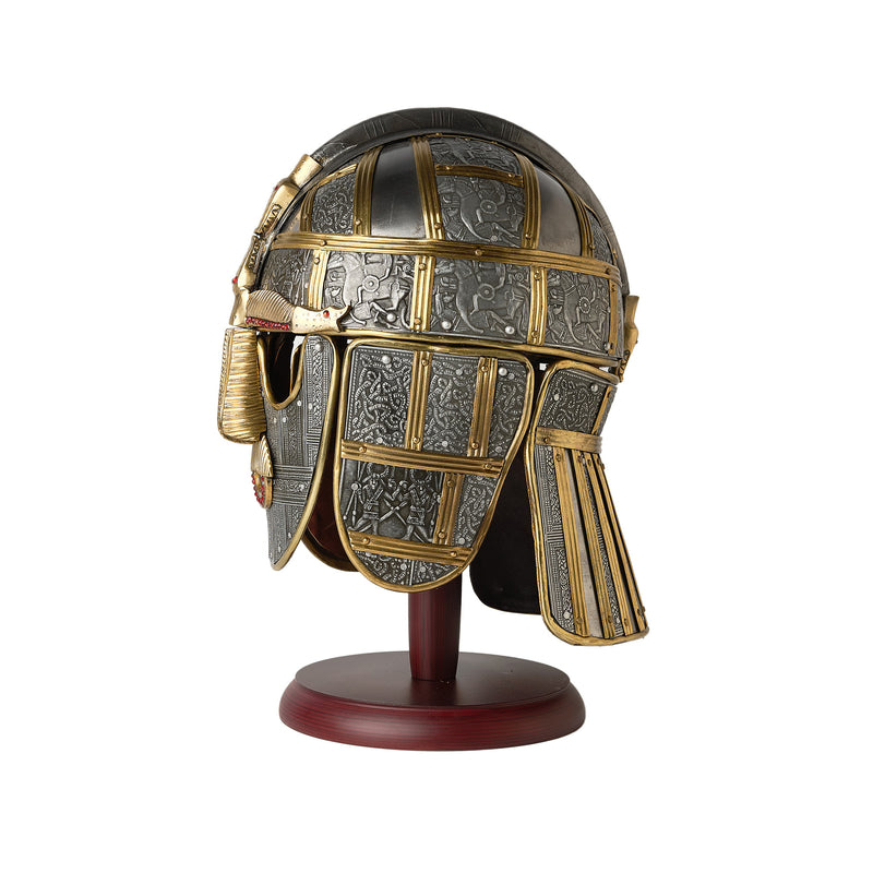 Sutton Hoo Helmet on wooden display stand left view
